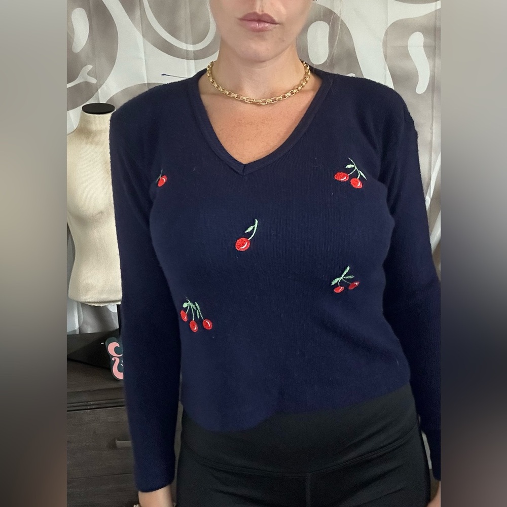 Apple Dark Blue V-Neck Sweater with Red cherries